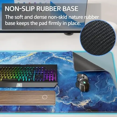 KTRIO Large Gaming Mouse Pad Desk Mat, Superior Micro-Weave Cloth, Non-Slip Rubber Base, Stitched Edges, Water-Resistant, for Gamer, Office & Home, 31.5 x 15.7 Inch，Blue Marble - 3