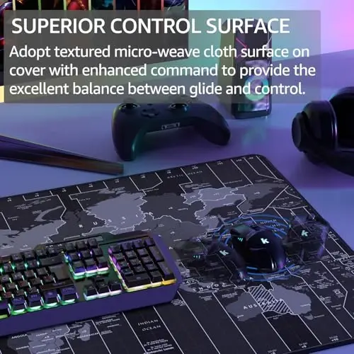 KTRIO Large Gaming Mouse Pad with Stitched Edges, Extended Mousepad with Superior Micro-Weave Cloth, Non-Slip Base, Water Resist Keyboard Pad, Desk Mat for Gamer, Office & Home, 31.5x15.7in, World Map - 3