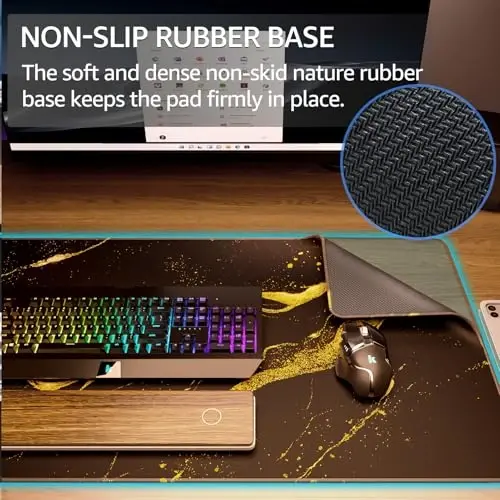 KTRIO Large Gaming Mouse Pad with Stitched Edges, Extended Mousepad with Superior Micro-Weave Cloth, Non-Slip Base, Water Resist Keyboard Pad for Gamer, Office & Home, 31.5x15.7in, Black Gold - 4