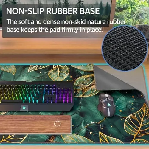 KTRIO Large Gaming Mouse Pad with Stitched Edges, Extended Mousepad with Superior Micro-Weave Cloth, Non-Slip Base, Water Resist Keyboard Pad for Gamer, Office & Home, 31.5x15.7in, Green Leaves - 4