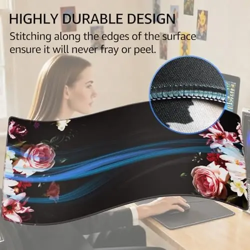 KTRIO Large Gaming Mouse Pad with Stitched Edges, Extended Mousepad with Superior Micro-Weave Cloth, Non-Slip Base, Water Resist Keyboard Pad for Gamer, Office & Home, 31.5x15.7in, Peony Flower - 3