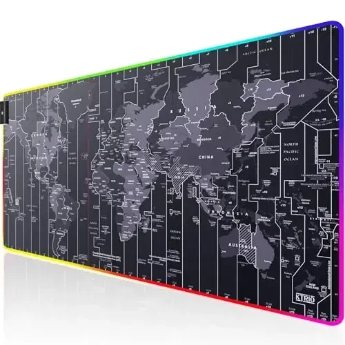 KTRIO RGB Katta O'yin Sichqoncha Paneli Tikilgan Qirralar, Yuqori Mikro-To'qilgan Mato, Sirpanmaydigan Asos, Suvga Chidamli Qoplama, 31,5 x 15,7 dyuym, RGB Dunyo Xaritasi - KTRIO