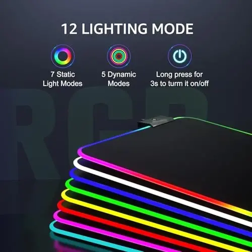 KTRIO RGB katta o'yin sichqonchasi yostig'i tikilgan qirralari, yuqori mikro-to'quv matosi, sirpanmaydigan asos, suvga chidamli qoplama, 31,5 x 11,8 dyuym, RGB qora - 2