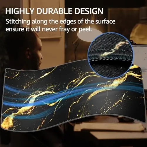 KTRIO Large Gaming Mouse Pad with Stitched Edges, Extended Mousepad with Superior Micro-Weave Cloth, Non-Slip Base, Water Resist Keyboard Pad for Gamer, Office & Home, 31.5x15.7in, Black Gold - 3