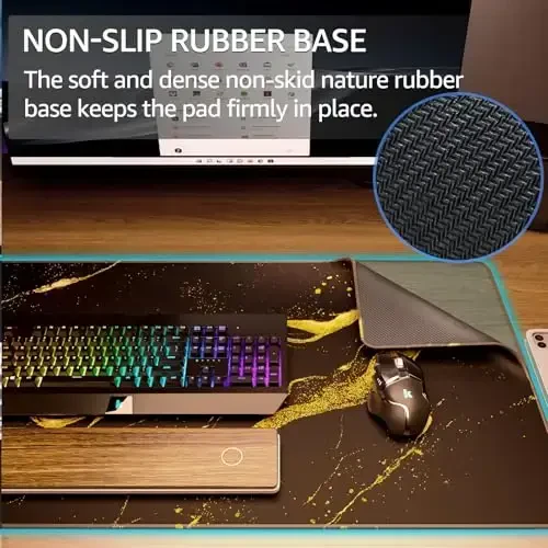KTRIO Large Gaming Mouse Pad with Stitched Edges, Extended Mousepad with Superior Micro-Weave Cloth, Non-Slip Base, Water Resist Keyboard Pad for Gamer, Office & Home, 31.5x15.7in, Black Gold - 4