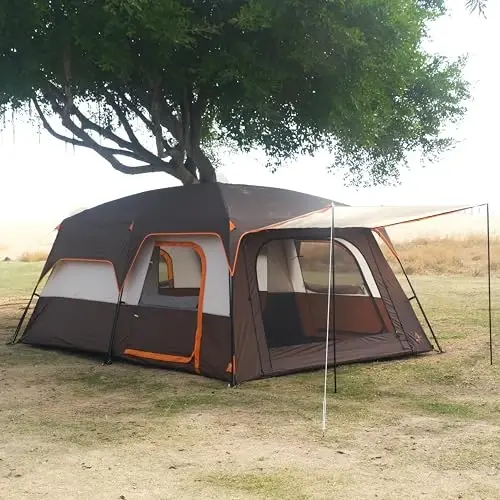 KTT Large Tent 6-12 Person,Family Cabin Tents,Straight Wall,3 Doors and 3 Windows with Mesh,Waterproof,Big Tent for Outdoor,Picnic,Camping,Family,Friends Gathering. - 2
