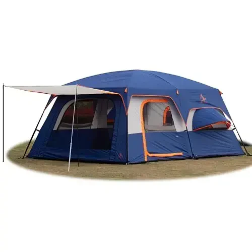KTT Extra Large Tent 6-10-12-14 Person(A),Family Cabin Tents,2 Rooms,3 Doors and 3 Windows with Mesh,Straight Wall,Waterproof,Double Layer,Big Tent for Outdoor,Picnic,Camping,Family Gathering 