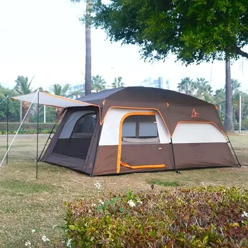 KTT Extra Large Tent 6-10-12-14 Person(A),Family Cabin Tents,2 Rooms,3 Doors and 3 Windows with Mesh,Straight Wall,Waterproof,Double Layer,Big Tent for Outdoor,Picnic,Camping,Family Gathering - 6