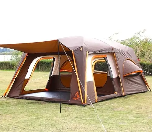 KTT Extra Large Tent 6-10-12-14 Person(A),Family Cabin Tents,2 Rooms,3 Doors and 3 Windows with Mesh,Straight Wall,Waterproof,Double Layer,Big Tent for Outdoor,Picnic,Camping,Family Gathering - 6