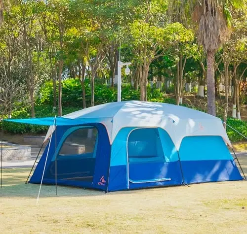 KTT Extra Large Tent 6-10-12-14 Person(A),Family Cabin Tents,2 Rooms,3 Doors and 3 Windows with Mesh,Straight Wall,Waterproof,Double Layer,Big Tent for Outdoor,Picnic,Camping,Family Gathering - 6