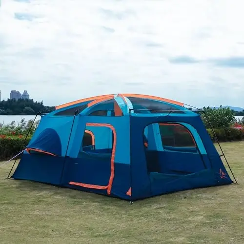 KTT Extra Large Tent 6-10-12-14 Person(A),Family Cabin Tents,2 Rooms,3 Doors and 3 Windows with Mesh,Straight Wall,Waterproof,Double Layer,Big Tent for Outdoor,Picnic,Camping,Family Gathering - 6