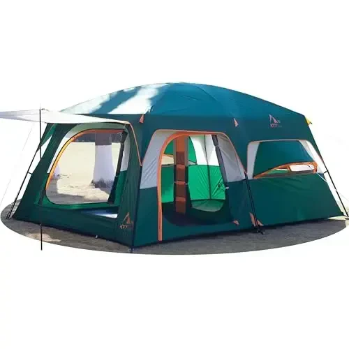 KTT Extra Large Tent 6-10-12-14 Person(A),Family Cabin Tents,2 Rooms,3 Doors and 3 Windows with Mesh,Straight Wall,Waterproof,Double Layer,Big Tent for Outdoor,Picnic,Camping,Family Gathering 
