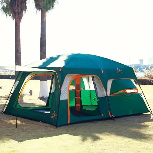 KTT Extra Large Tent 6-10-12-14 Person(A),Family Cabin Tents,2 Rooms,3 Doors and 3 Windows with Mesh,Straight Wall,Waterproof,Double Layer,Big Tent for Outdoor,Picnic,Camping,Family Gathering - 6