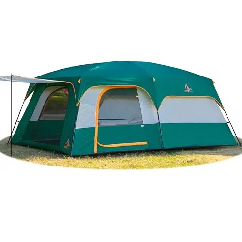 KTT Extra Large Tent 6-10-12-14 Person(A),Family Cabin Tents,2 Rooms,3 Doors and 3 Windows with Mesh,Straight Wall,Waterproof,Double Layer,Big Tent for Outdoor,Picnic,Camping,Family Gathering 