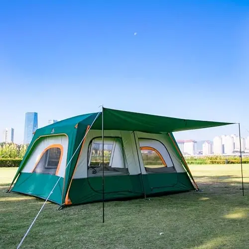 KTT Extra Large Tent 6-10-12-14 Person(A),Family Cabin Tents,2 Rooms,3 Doors and 3 Windows with Mesh,Straight Wall,Waterproof,Double Layer,Big Tent for Outdoor,Picnic,Camping,Family Gathering - 4