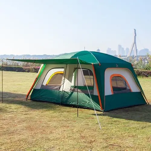 KTT Extra Large Tent 6-10-12-14 Person(A),Family Cabin Tents,2 Rooms,3 Doors and 3 Windows with Mesh,Straight Wall,Waterproof,Double Layer,Big Tent for Outdoor,Picnic,Camping,Family Gathering - 6