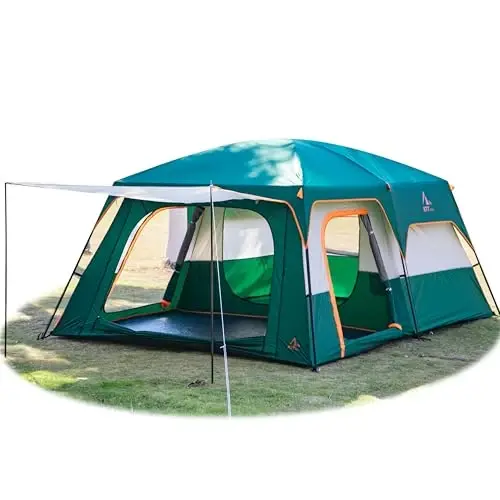 KTT Extra Large Tent 10-12-14 Person(B),Family Cabin Tents,2 Rooms,3 Doors and 3 Windows with Mesh,Straight Wall,Waterproof,Double Layer,Big Tent for Outdoor,Picnic,Camping,Family Gathering - 1