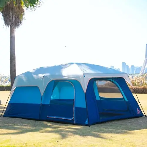 KTT Extra Large Tent 10-12-14 Person(B),Family Cabin Tents,2 Rooms,3 Doors and 3 Windows with Mesh,Straight Wall,Waterproof,Double Layer,Big Tent for Outdoor,Picnic,Camping,Family Gathering - 6