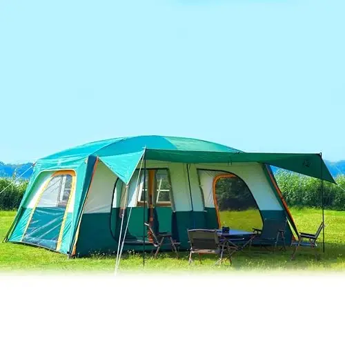 KTT Extra Large Tent 10-12-14 Person(B),Family Cabin Tents,2 Rooms,3 Doors and 3 Windows with Mesh,Straight Wall,Waterproof,Double Layer,Big Tent for Outdoor,Picnic,Camping,Family Gathering - 1