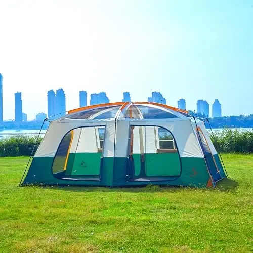 KTT Extra Large Tent 10-12-14 Person(B),Family Cabin Tents,2 Rooms,3 Doors and 3 Windows with Mesh,Straight Wall,Waterproof,Double Layer,Big Tent for Outdoor,Picnic,Camping,Family Gathering - 4