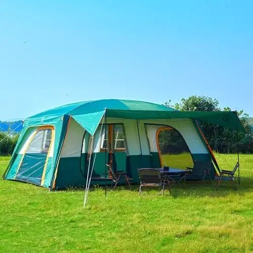 KTT Extra Large Tent 10-12-14 Person(B),Family Cabin Tents,2 Rooms,3 Doors and 3 Windows with Mesh,Straight Wall,Waterproof,Double Layer,Big Tent for Outdoor,Picnic,Camping,Family Gathering - KTT (1)