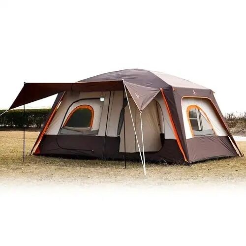 KTT Extra Large Tent 10-12 Person,Family Cabin Tents,2 Rooms,3 Doors and 3 Windows with Mesh,Straight Wall,Waterproof,Double Layer,Big Tent for Outdoor,Picnic,Camping,Family Gathering - KTT