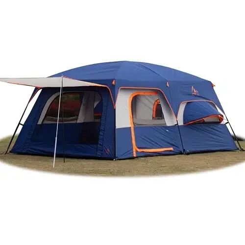 KTT Extra Large Tent 10-12 Person,Family Cabin Tents,2 Rooms,3 Doors and 3 Windows with Mesh,Straight Wall,Waterproof,Double Layer,Big Tent for Outdoor,Picnic,Camping,Family Gathering - KTT