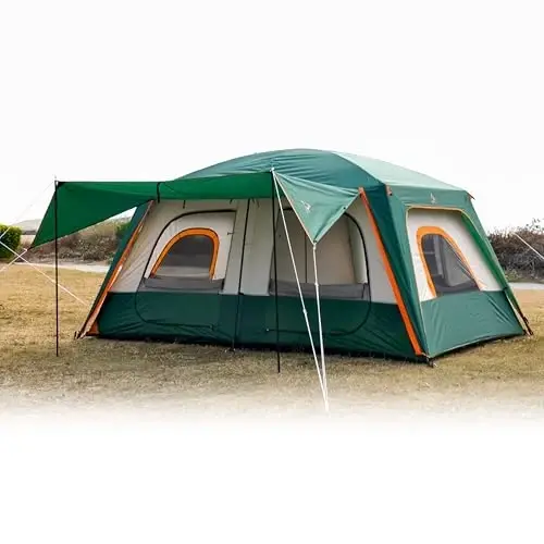 KTT Extra Large Tent 10-12 Person,Family Cabin Tents,2 Rooms,3 Doors and 3 Windows with Mesh,Straight Wall,Waterproof,Double Layer,Big Tent for Outdoor,Picnic,Camping,Family Gathering - 1