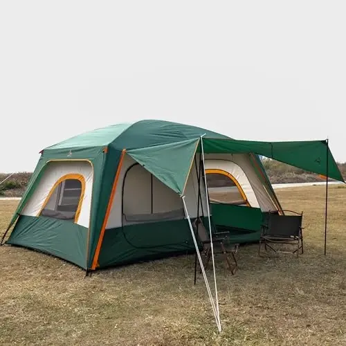 KTT Extra Large Tent 10-12 Person,Family Cabin Tents,2 Rooms,3 Doors and 3 Windows with Mesh,Straight Wall,Waterproof,Double Layer,Big Tent for Outdoor,Picnic,Camping,Family Gathering - KTT (1)