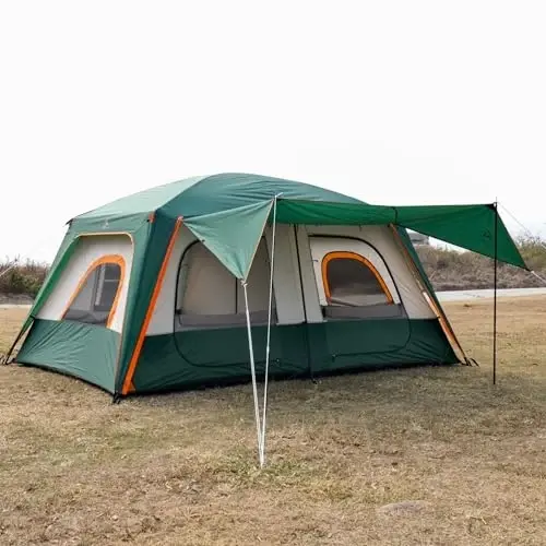 KTT Extra Large Tent 10-12 Person,Family Cabin Tents,2 Rooms,3 Doors and 3 Windows with Mesh,Straight Wall,Waterproof,Double Layer,Big Tent for Outdoor,Picnic,Camping,Family Gathering - 5