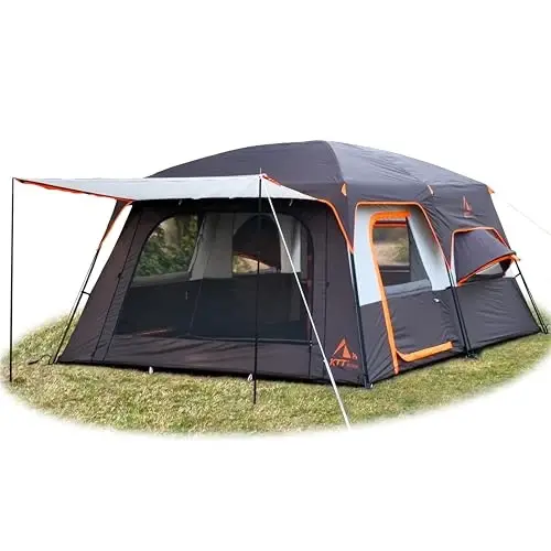 KTT Extra Large Tent 10-12 Person,Family Cabin Tents,2 Rooms,3 Doors and 3 Windows with Mesh,Straight Wall,Waterproof,Double Layer,Big Tent for Outdoor,Picnic,Camping,Family Gathering - 1