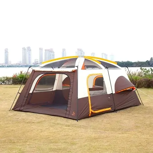 KTT Extra Large Tent 10-12 Person,Family Cabin Tents,2 Rooms,3 Doors and 3 Windows with Mesh,Straight Wall,Waterproof,Double Layer,Big Tent for Outdoor,Picnic,Camping,Family Gathering - 2
