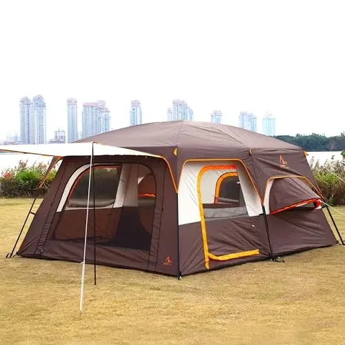 KTT Extra Large Tent 10-12 Person,Family Cabin Tents,2 Rooms,3 Doors and 3 Windows with Mesh,Straight Wall,Waterproof,Double Layer,Big Tent for Outdoor,Picnic,Camping,Family Gathering - 4