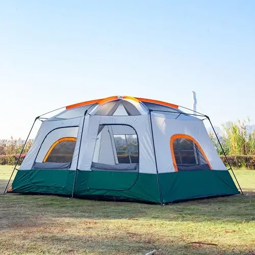 KTT Extra Large Tent 6-10-12-14 Person(A),Family Cabin Tents,2 Rooms,3 Doors and 3 Windows with Mesh,Straight Wall,Waterproof,Double Layer,Big Tent for Outdoor,Picnic,Camping,Family Gathering - 7