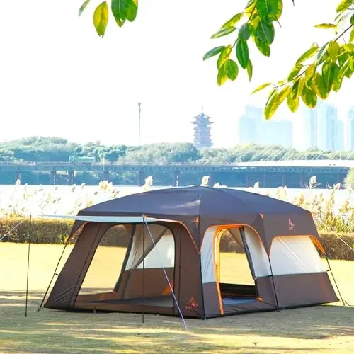 KTT Extra Large Tent 6-10-12-14 Person(A),Family Cabin Tents,2 Rooms,3 Doors and 3 Windows with Mesh,Straight Wall,Waterproof,Double Layer,Big Tent for Outdoor,Picnic,Camping,Family Gathering - KTT (1)