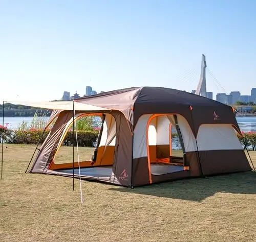 KTT Extra Large Tent 6-10-12-14 Person(A),Family Cabin Tents,2 Rooms,3 Doors and 3 Windows with Mesh,Straight Wall,Waterproof,Double Layer,Big Tent for Outdoor,Picnic,Camping,Family Gathering - 5