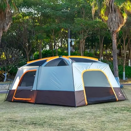KTT Extra Large Tent 6-10-12-14 Person(A),Family Cabin Tents,2 Rooms,3 Doors and 3 Windows with Mesh,Straight Wall,Waterproof,Double Layer,Big Tent for Outdoor,Picnic,Camping,Family Gathering - 6
