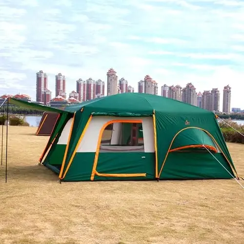 KTT Extra Large Tent 6-10-12-14 Person(A),Family Cabin Tents,2 Rooms,3 Doors and 3 Windows with Mesh,Straight Wall,Waterproof,Double Layer,Big Tent for Outdoor,Picnic,Camping,Family Gathering - 4