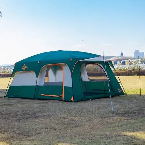 KTT Extra Large Tent 6-10-12-14 Person(A),Family Cabin Tents,2 Rooms,3 Doors and 3 Windows with Mesh,Straight Wall,Waterproof,Double Layer,Big Tent for Outdoor,Picnic,Camping,Family Gathering - 2