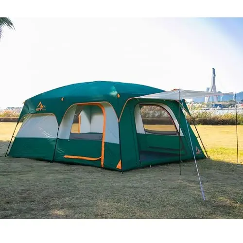 KTT Extra Large Tent 6-10-12-14 Person(A),Family Cabin Tents,2 Rooms,3 Doors and 3 Windows with Mesh,Straight Wall,Waterproof,Double Layer,Big Tent for Outdoor,Picnic,Camping,Family Gathering - 6