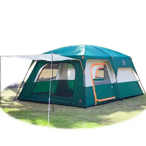 KTT Extra Large Tent 6-10-12-14 Person(A),Family Cabin Tents,2 Rooms,3 Doors and 3 Windows with Mesh,Straight Wall,Waterproof,Double Layer,Big Tent for Outdoor,Picnic,Camping,Family Gathering 