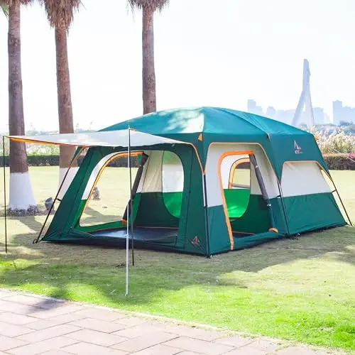KTT Extra Large Tent 6-10-12-14 Person(A),Family Cabin Tents,2 Rooms,3 Doors and 3 Windows with Mesh,Straight Wall,Waterproof,Double Layer,Big Tent for Outdoor,Picnic,Camping,Family Gathering - 4
