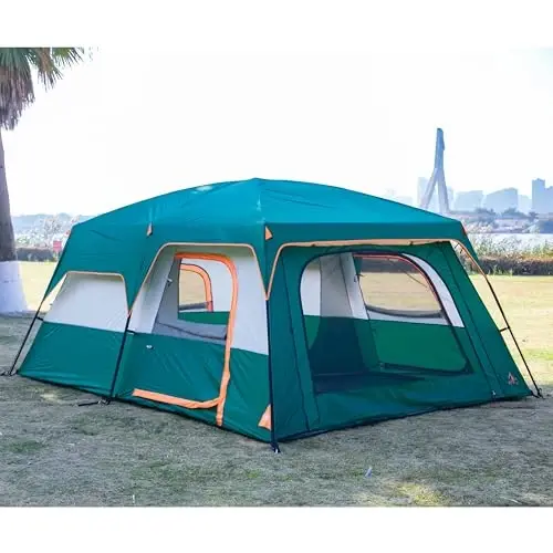 KTT Extra Large Tent 6-10-12-14 Person(A),Family Cabin Tents,2 Rooms,3 Doors and 3 Windows with Mesh,Straight Wall,Waterproof,Double Layer,Big Tent for Outdoor,Picnic,Camping,Family Gathering - 5