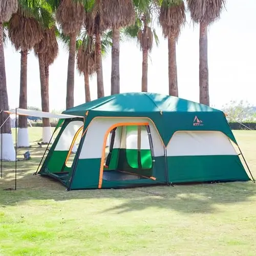 KTT Extra Large Tent 6-10-12-14 Person(A),Family Cabin Tents,2 Rooms,3 Doors and 3 Windows with Mesh,Straight Wall,Waterproof,Double Layer,Big Tent for Outdoor,Picnic,Camping,Family Gathering - 6