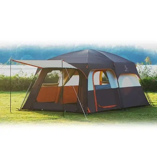 KTT Extra Large Tent 8-10-12-14 Person(A),Family Cabin Tents,2 Rooms,3 Doors and 3 Windows with Mesh,Straight Wall,Waterproof,Double Layer,Big Tent for Outdoor,Picnic,Camping,Family Gathering 