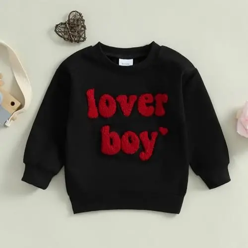 KtwHarnu Infant Toddler Baby Boy Valentines Outfit Heart Embroidery Sweatshirt Crewneck Long Sleeve Shirts Top Pullovers - 2