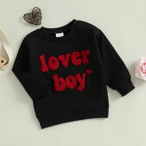 KtwHarnu Infant Toddler Baby Boy Valentines Outfit Heart Embroidery Sweatshirt Crewneck Long Sleeve Shirts Top Pullovers - 3