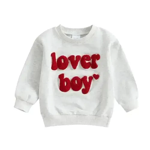 KtwHarnu Toddler Baby Boy Valentines Day Outfit Lover Boy Embroidery Crewneck Sweatshirt Long Sleeve Pullovers Shirts Top - KTWHARNU