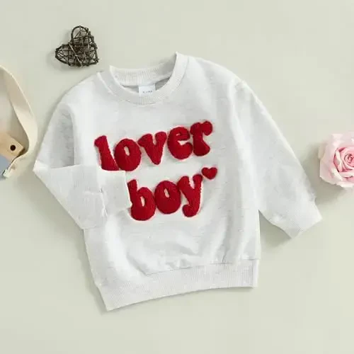 KtwHarnu Toddler Baby Boy Valentines Day Outfit Lover Boy Embroidery Crewneck Sweatshirt Long Sleeve Pullovers Shirts Top - 3