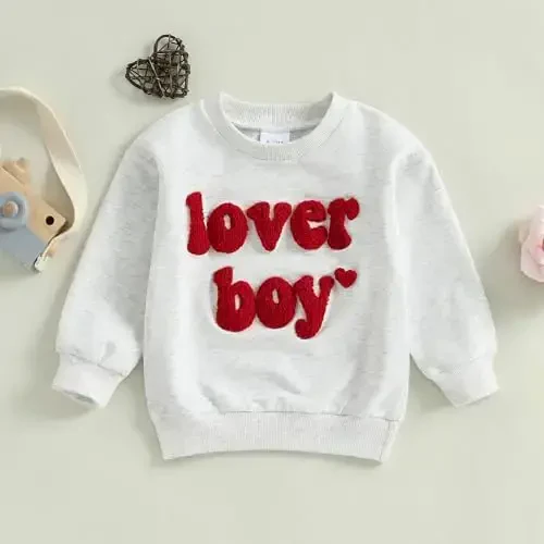 KtwHarnu Toddler Baby Boy Valentines Day Outfit Lover Boy Embroidery Crewneck Sweatshirt Long Sleeve Pullovers Shirts Top - KTWHARNU (1)